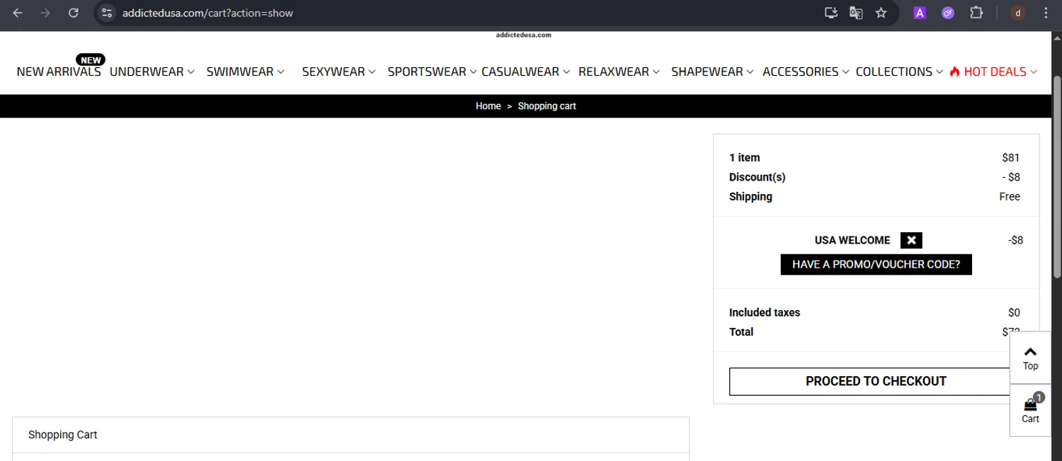 ADDICTED discount code screenshot showing code USA10 applied at ADDICTED checkout page. Uploaded by SimplyCodes community member VoucherSpotter9376 on Oct 23, 2025