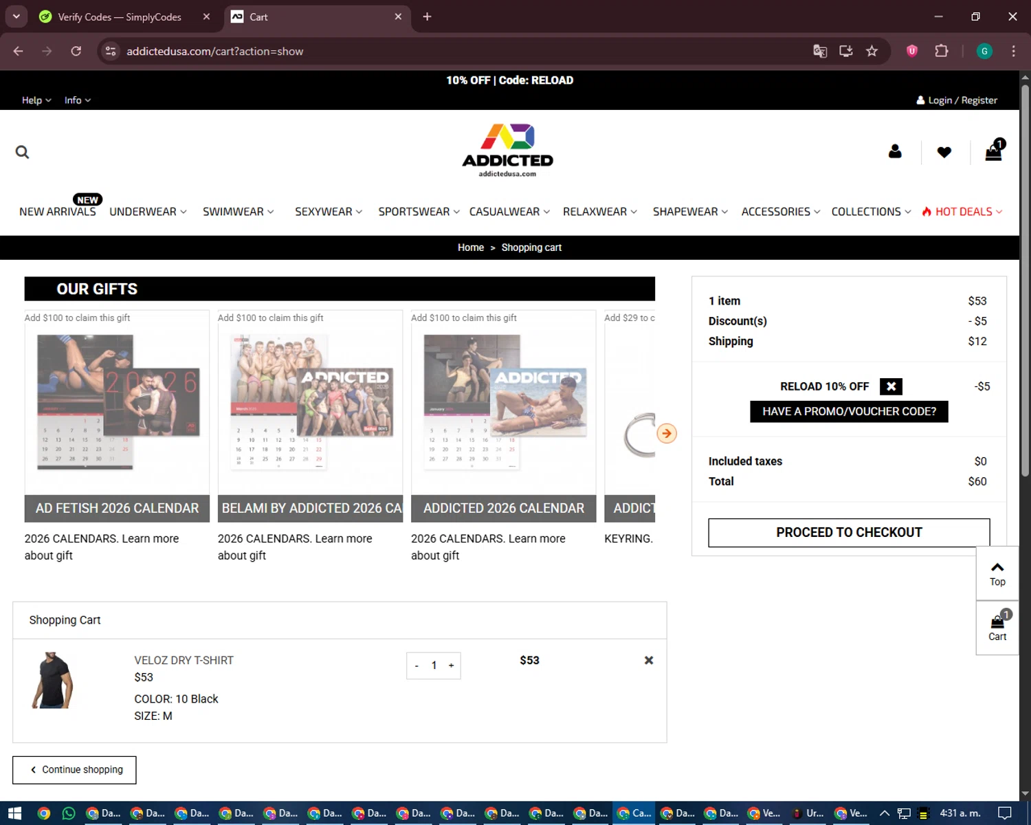 ADDICTED discount code screenshot showing code RELOAD applied at ADDICTED checkout page. Uploaded by SimplyCodes community member PennyFinder5759 on Jan 23, 2026