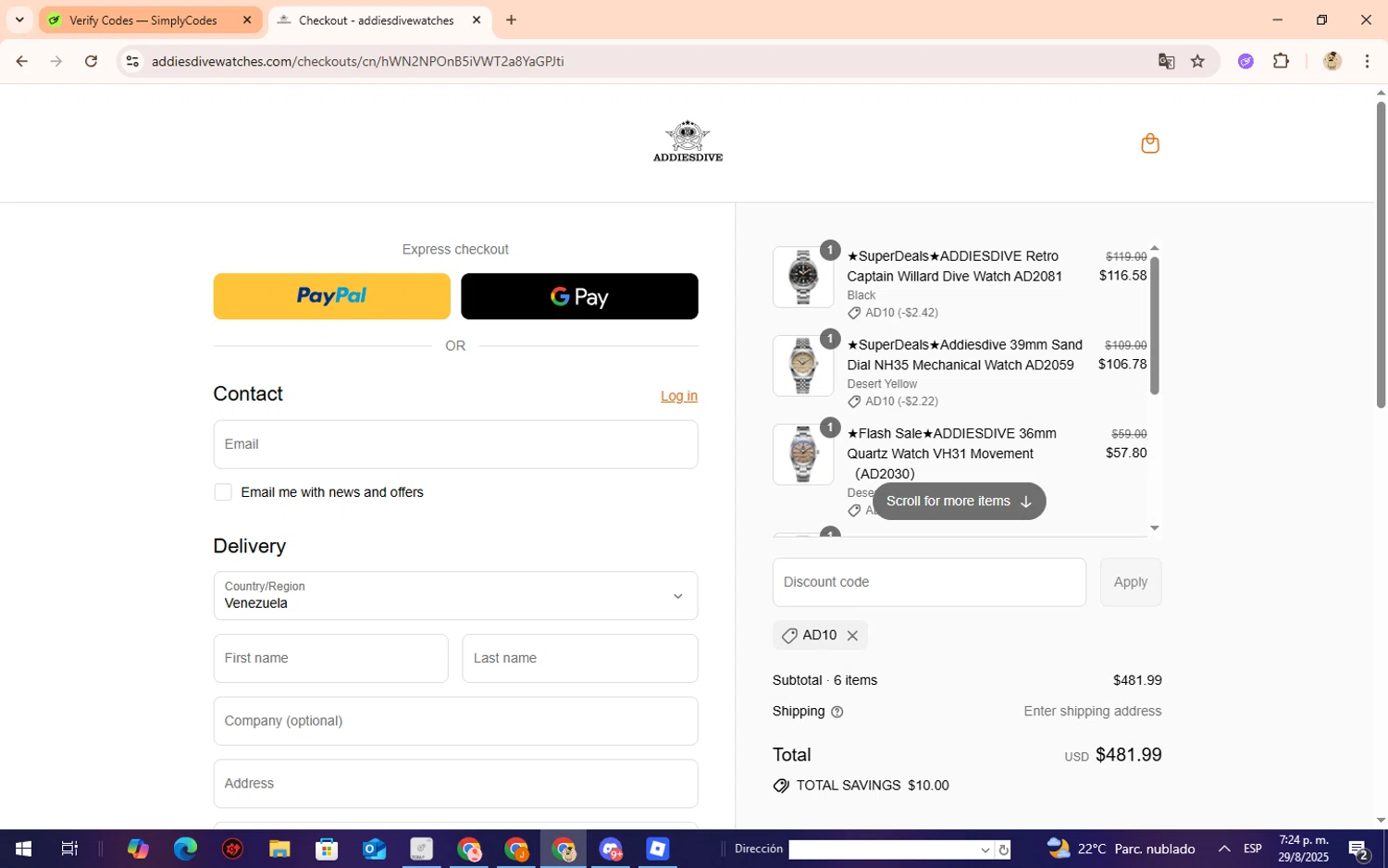 Addiesdive Watches promo code screenshot showing code AD10 applied at Addiesdive Watches checkout page. Uploaded by SimplyCodes community member Lilithh on Aug 29, 2025