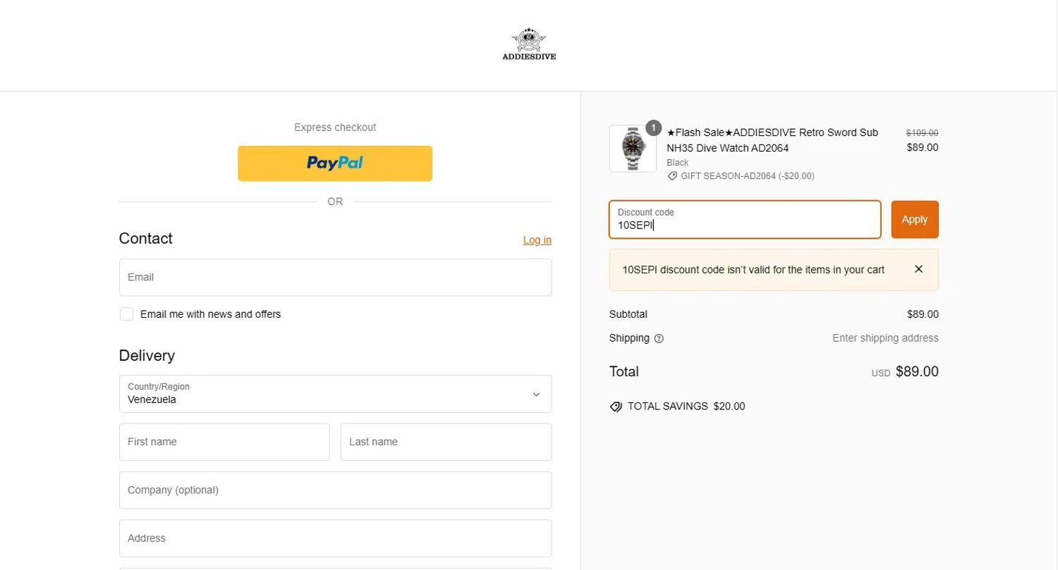 Addiesdive Watches promo code screenshot showing code 10SEPI applied at Addiesdive Watches checkout page. Uploaded by SimplyCodes community member Alydrop on Feb 10, 2025