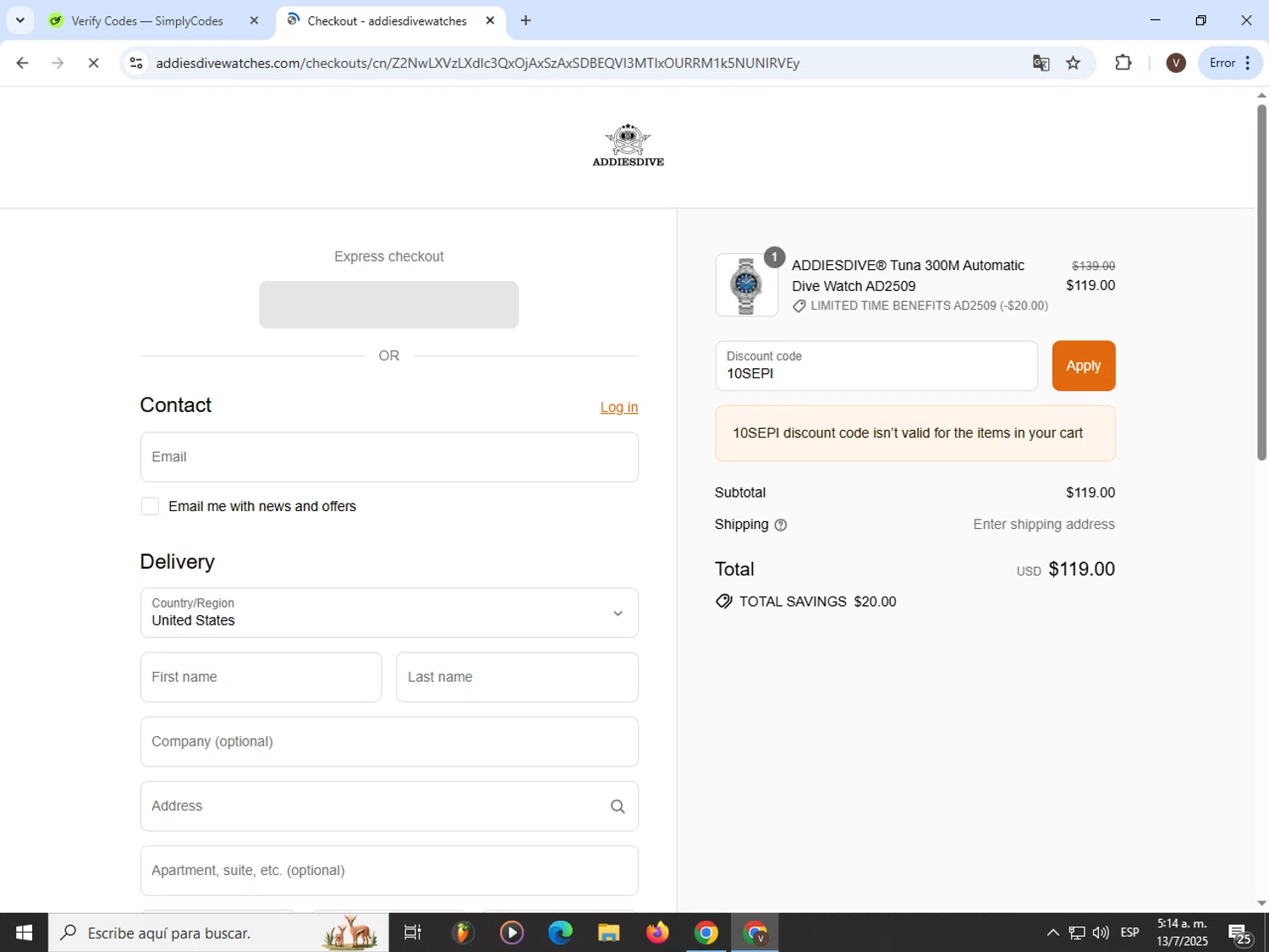 Addiesdive Watches promo code screenshot showing code 10SEPI applied at Addiesdive Watches checkout page. Uploaded by SimplyCodes community member CashLion3448 on Jul 13, 2025