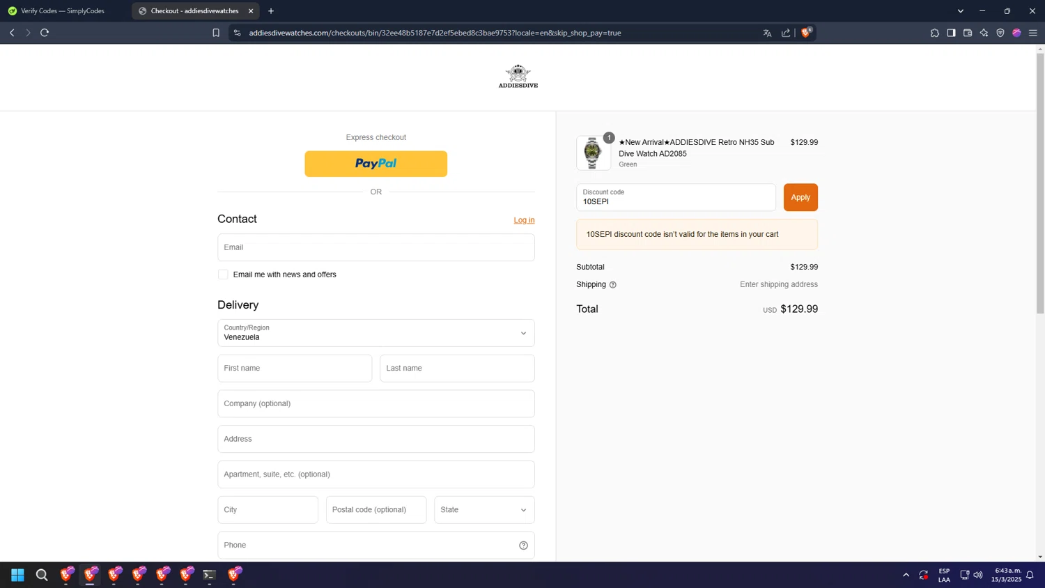 Addiesdive Watches promo code screenshot showing code 10SEPI applied at Addiesdive Watches checkout page. Uploaded by SimplyCodes community member PrimeAce5385 on Mar 15, 2025
