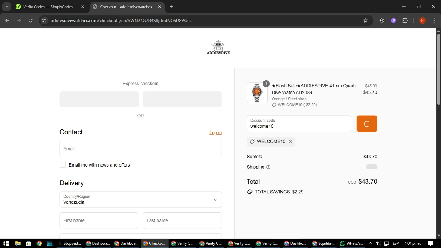 Addiesdive Watches promo code screenshot showing code welcome10 applied at Addiesdive Watches checkout page. Uploaded by SimplyCodes community member MagnificentScout194 on Aug 21, 2025