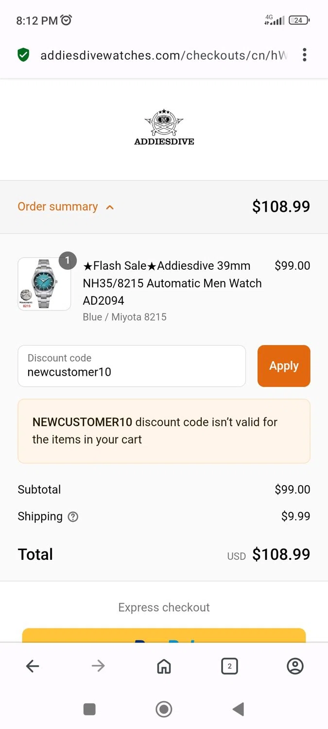 Addiesdive Watches promo code screenshot showing code newcustomer10 applied at Addiesdive Watches checkout page. Uploaded by SimplyCodes community member Levi_Ackerman on Aug 16, 2025