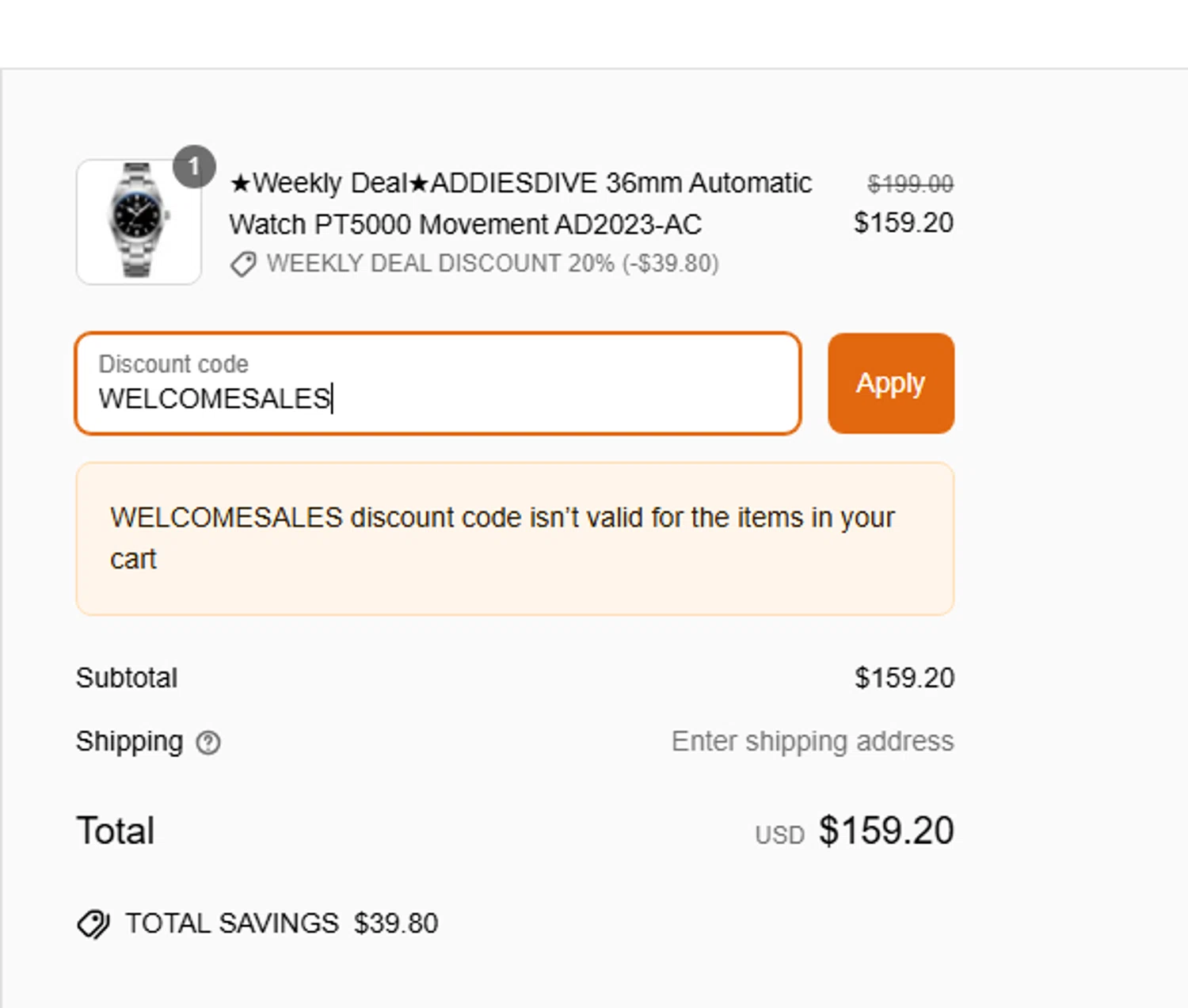 Addiesdive Watches promo code screenshot showing code WELCOMESALES applied at Addiesdive Watches checkout page. Uploaded by SimplyCodes community member ELREAL on Apr 5, 2025