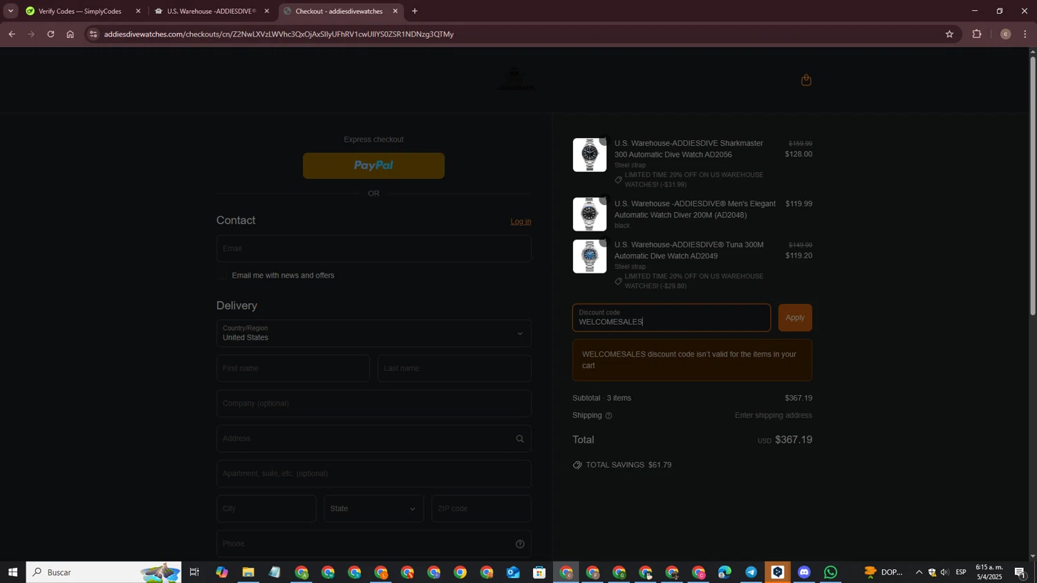 Addiesdive Watches promo code screenshot showing code WELCOMESALES applied at Addiesdive Watches checkout page. Uploaded by SimplyCodes community member CouponLynx4375 on Apr 5, 2025