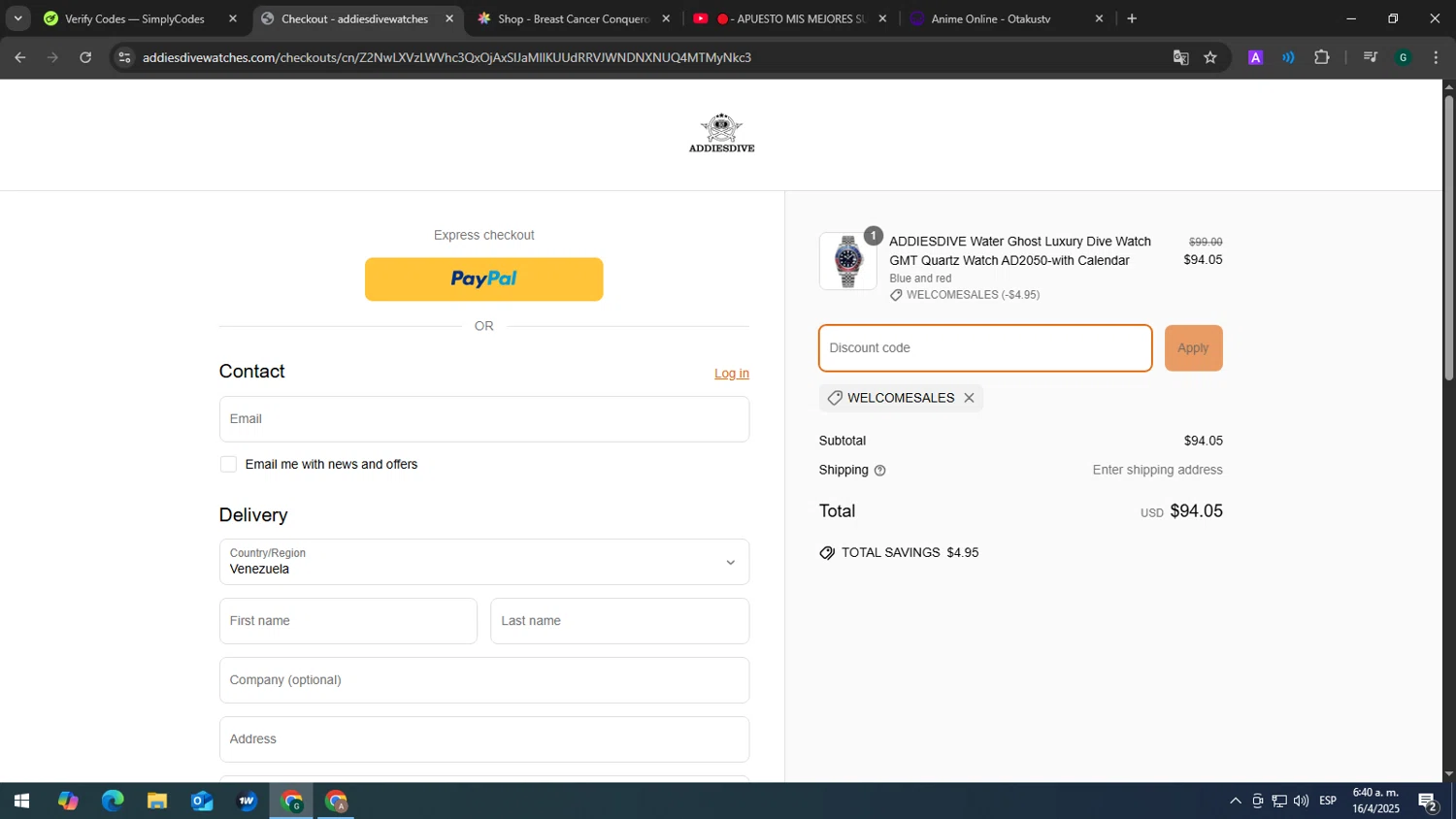 Addiesdive Watches promo code screenshot showing code WELCOMESALES applied at Addiesdive Watches checkout page. Uploaded by SimplyCodes community member tonikros on Apr 16, 2025