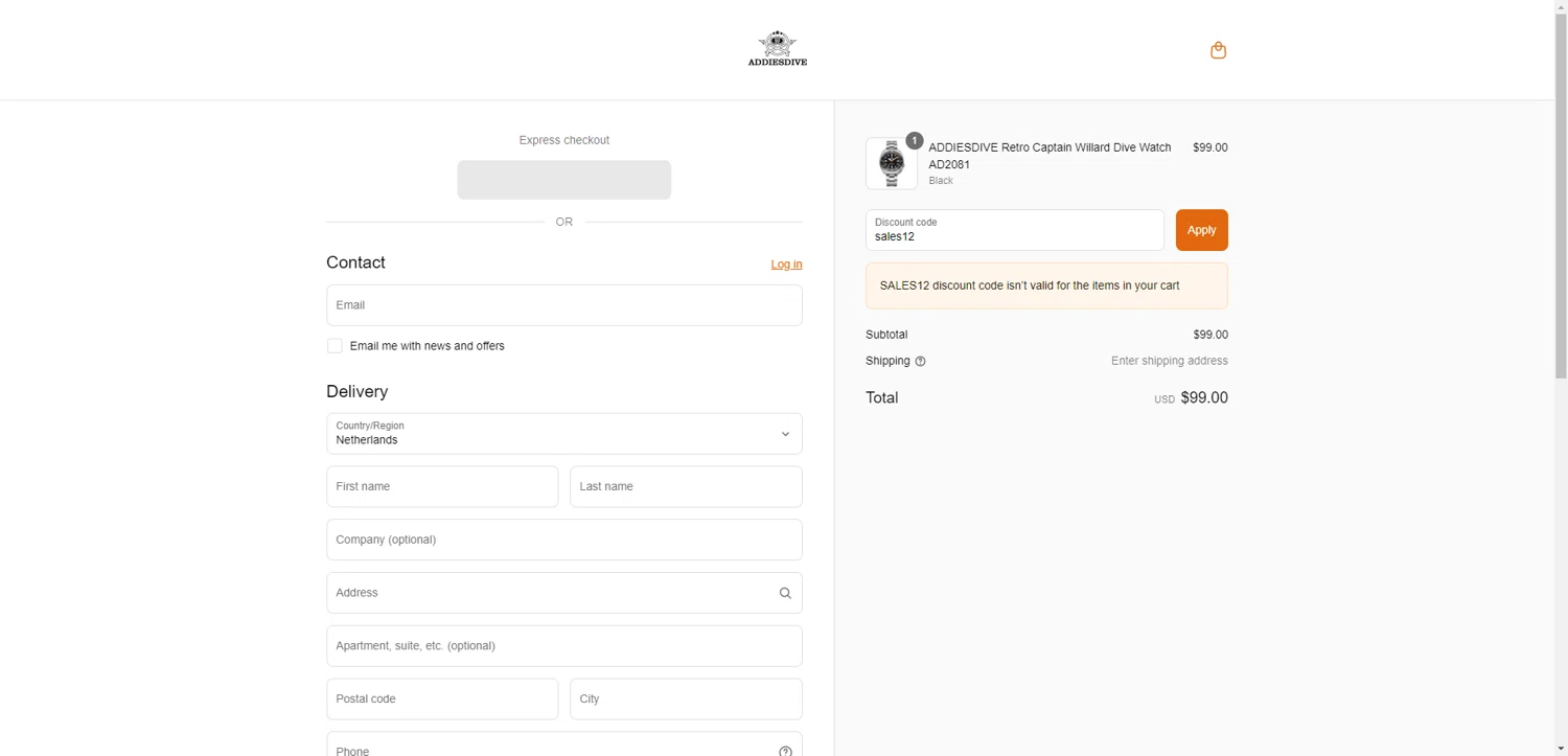 Addiesdive Watches promo code screenshot showing code sales12 applied at Addiesdive Watches checkout page. Uploaded by SimplyCodes community member DiscountWarden480 on Jun 18, 2025