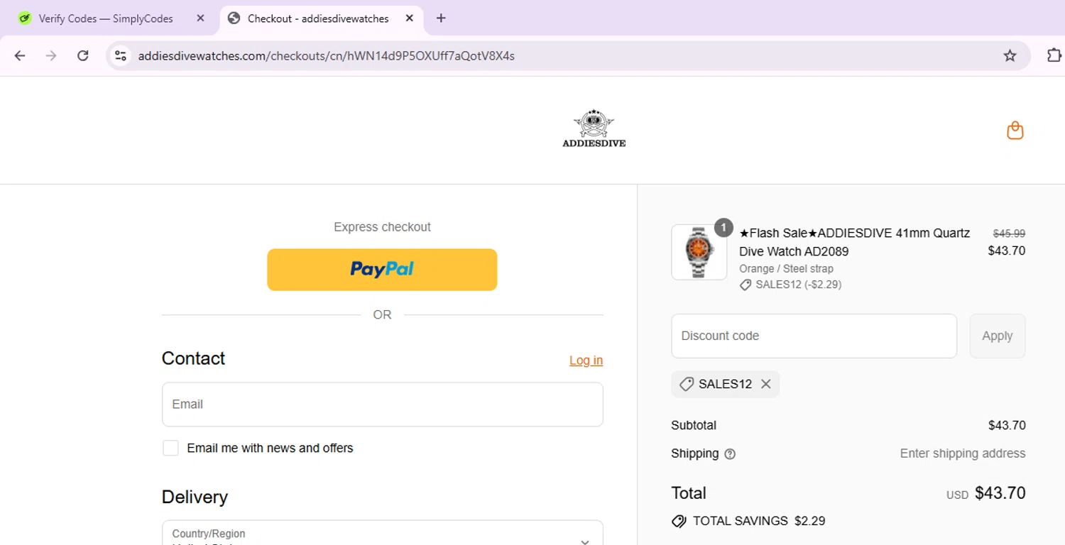 Addiesdive Watches promo code screenshot showing code sales12 applied at Addiesdive Watches checkout page. Uploaded by SimplyCodes community member Morketools on Jul 26, 2025