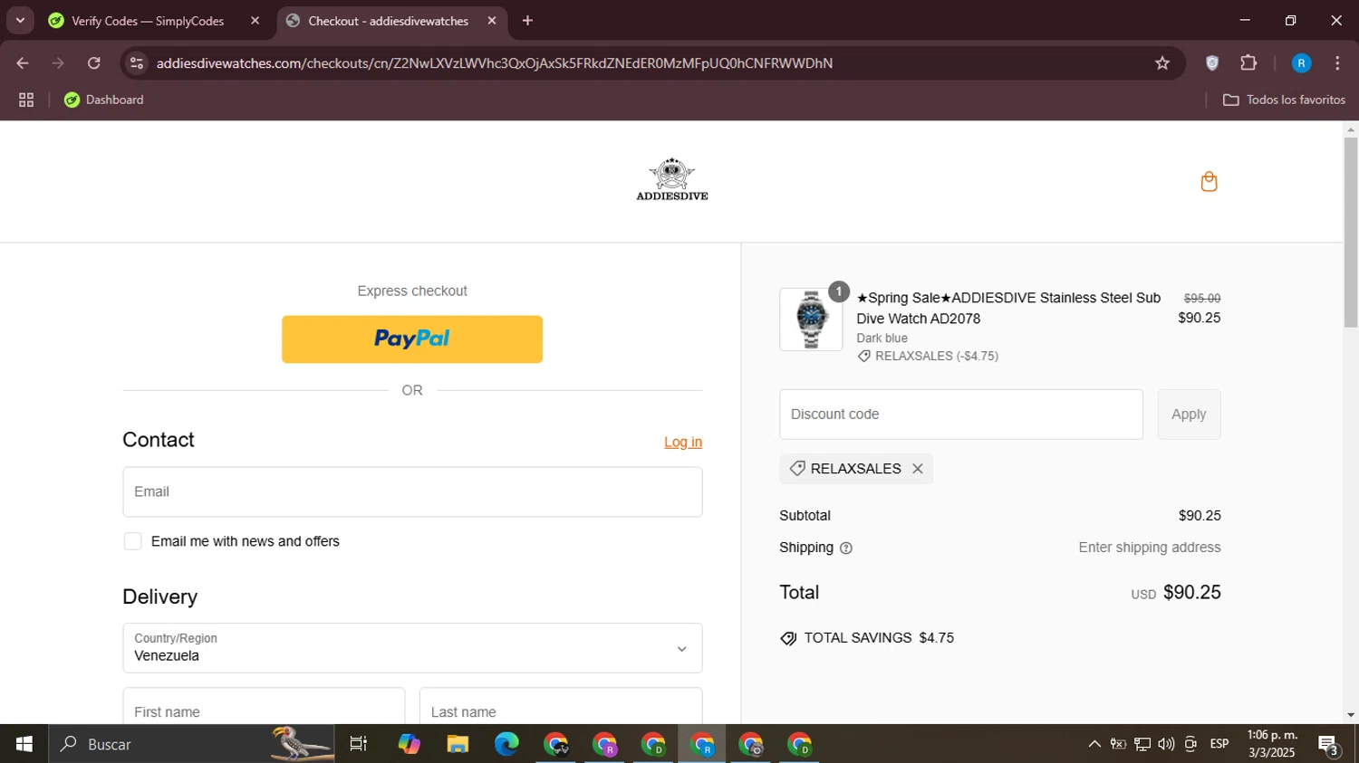 Addiesdive Watches promo code screenshot showing code RELAXSALES applied at Addiesdive Watches checkout page. Uploaded by SimplyCodes community member Aemontar on Mar 3, 2025