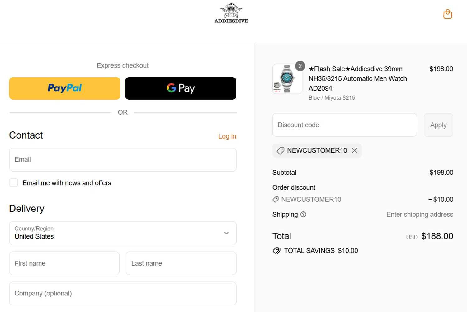 Addiesdive Watches promo code screenshot showing code NEWCUSTOMER10 applied at Addiesdive Watches checkout page. Uploaded by SimplyCodes community member Gojosatoru20 on Aug 16, 2025