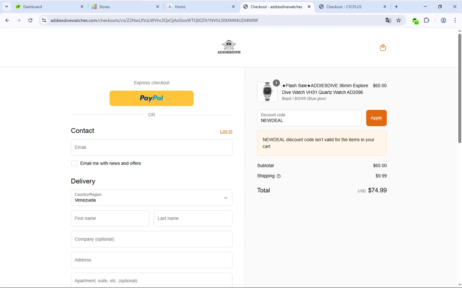 Addiesdive Watches promo code screenshot showing code NEWDEAL applied at Addiesdive Watches checkout page. Uploaded by SimplyCodes community member Djmariio on Jul 10, 2025