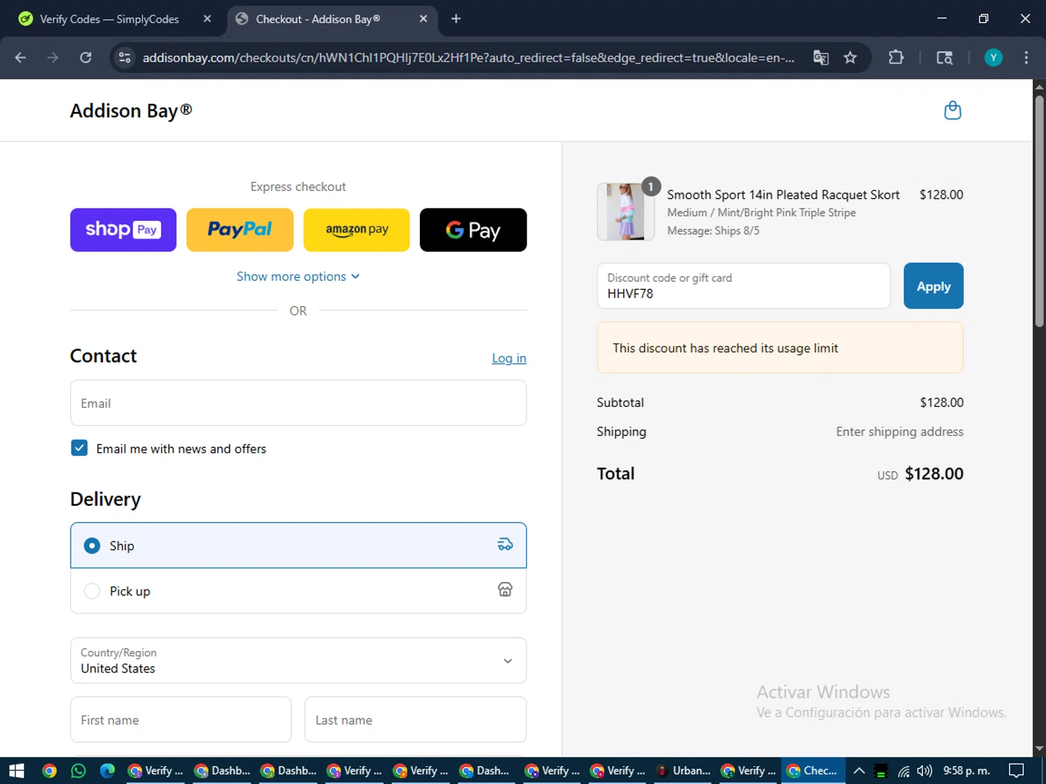 Addison Bay discount code screenshot showing code HHVF78 applied at Addison Bay checkout page. Uploaded by SimplyCodes community member RoyalEagle4794 on Jul 30, 2025