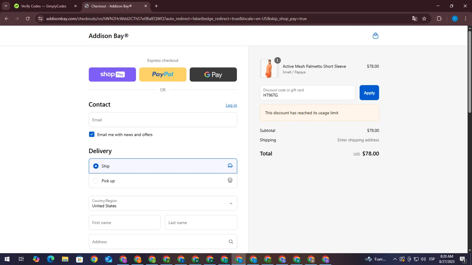 Addison Bay discount code screenshot showing code H796TG applied at Addison Bay checkout page. Uploaded by SimplyCodes community member RewardVoyager146 on Aug 27, 2025