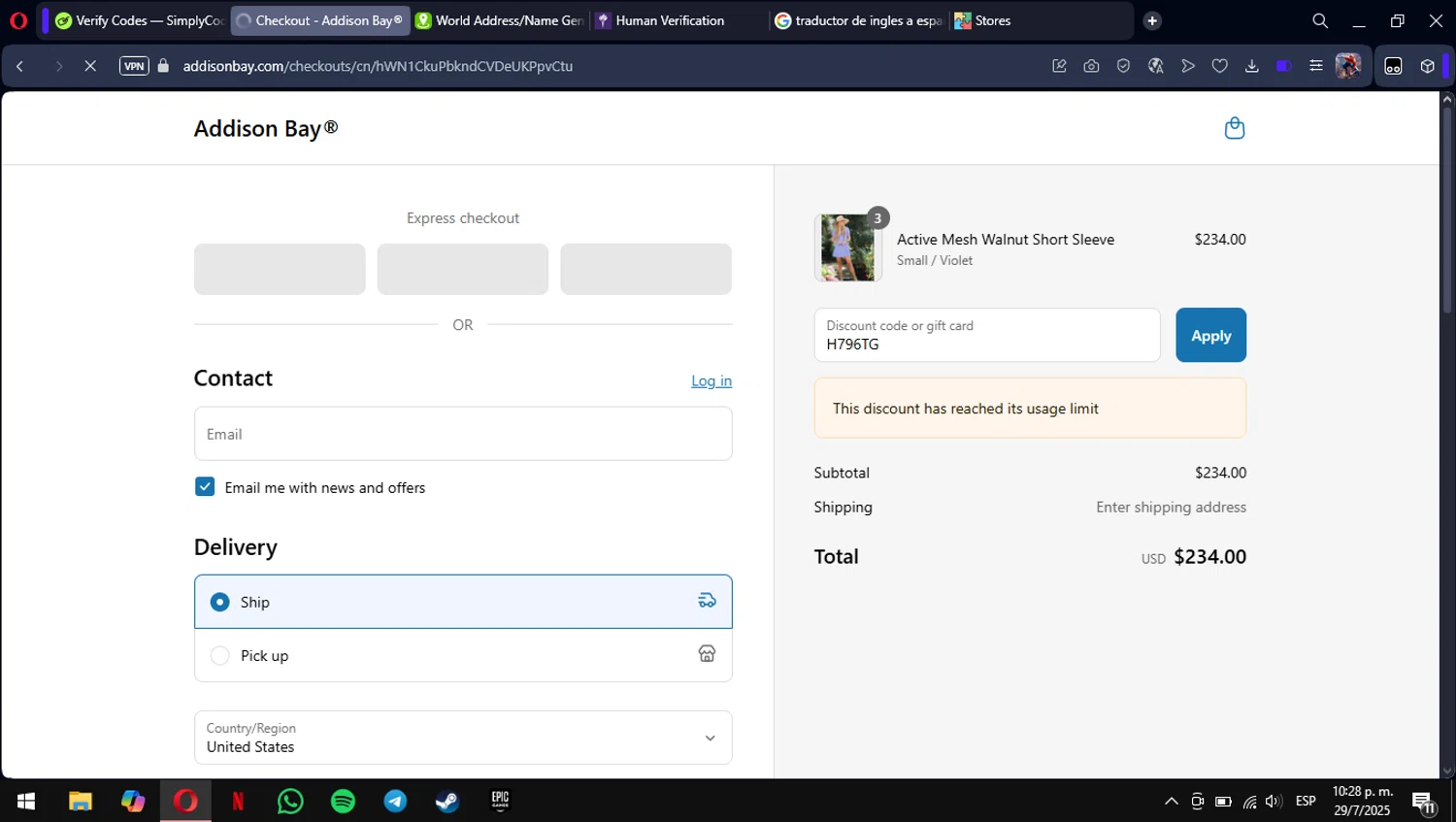 Addison Bay discount code screenshot showing code H796TG applied at Addison Bay checkout page. Uploaded by SimplyCodes community member mimusuky1 on Jul 30, 2025