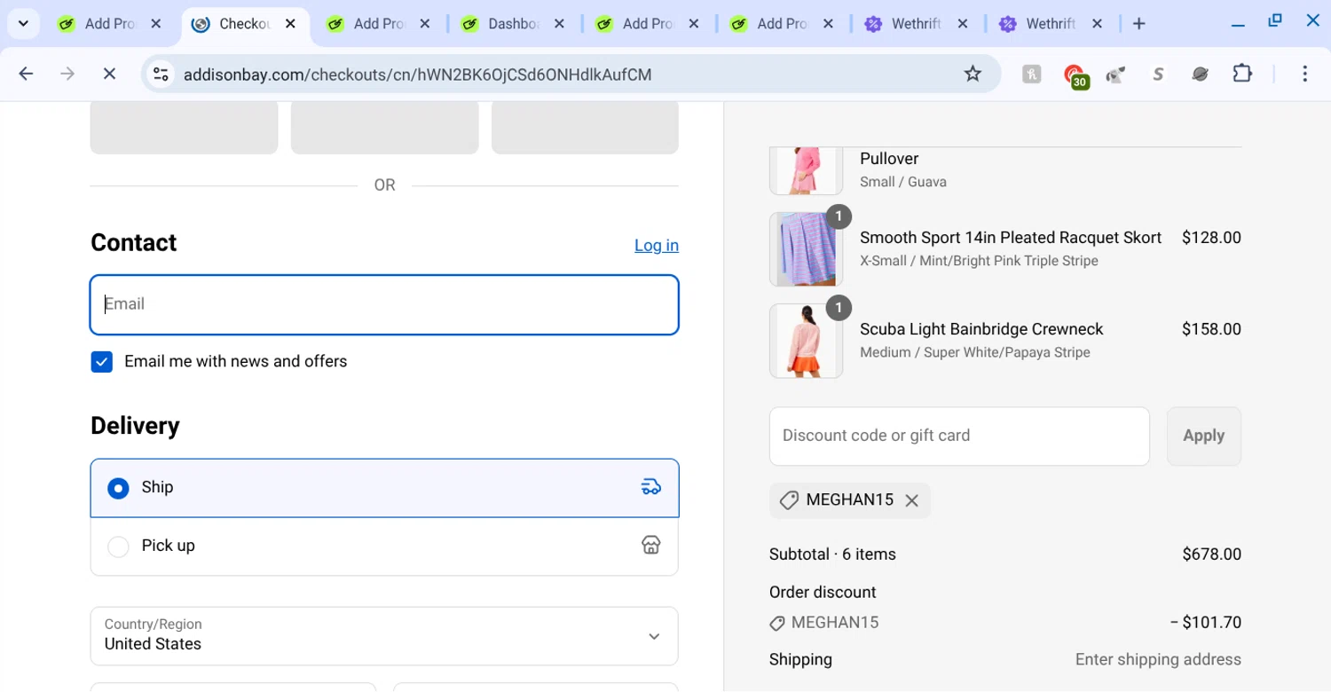 Addison Bay discount code screenshot showing code meghan15 applied at Addison Bay checkout page. Uploaded by SimplyCodes community member KarinaHZ on Aug 24, 2025