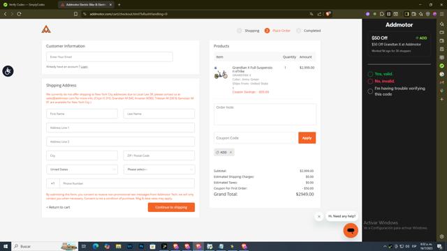 Addmotor checkout page showing Addmotor coupon code box | Screenshot taken by SimplyCodes community member on Jul 16, 2025