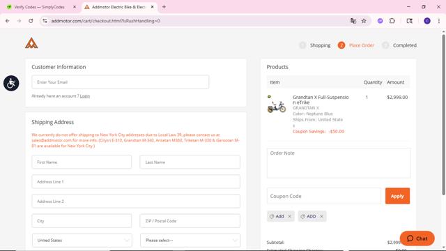 Addmotor checkout page showing Addmotor coupon code box | Screenshot taken by SimplyCodes community member on Sep 2, 2025