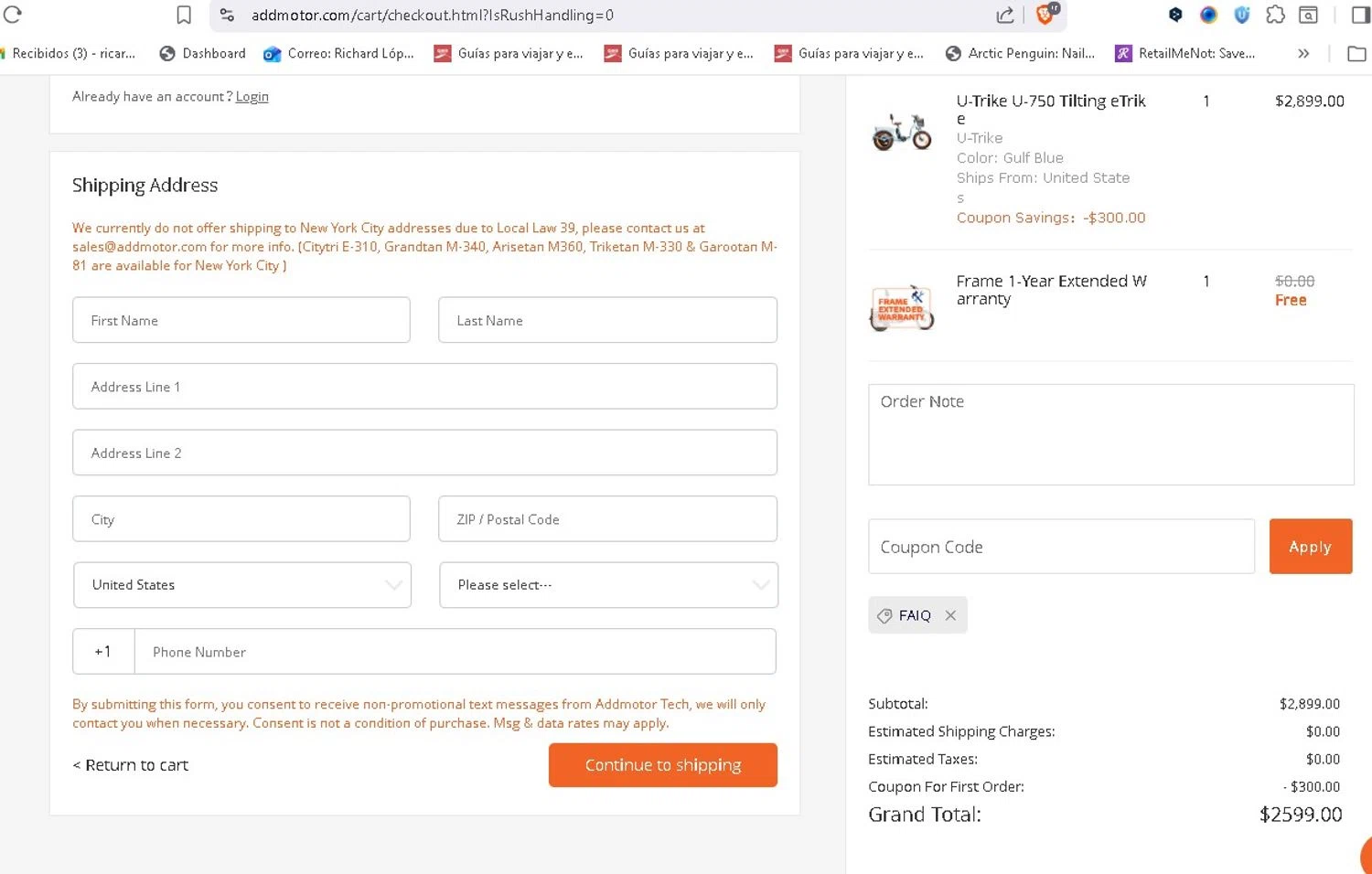 Addmotor promo code screenshot showing code FAIQ applied at Addmotor checkout page. Uploaded by SimplyCodes community member LAMINEJAMAL on Jun 2, 2026