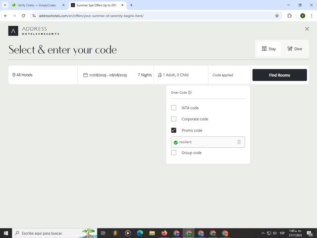 Address Hotels checkout page showing Address Hotels promo code box | Screenshot taken by SimplyCodes community member on Jul 27, 2025
