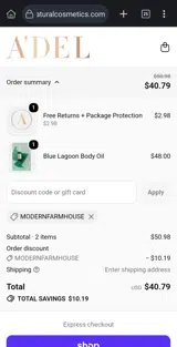 A'del Natural Cosmetics coupon verification screenshot