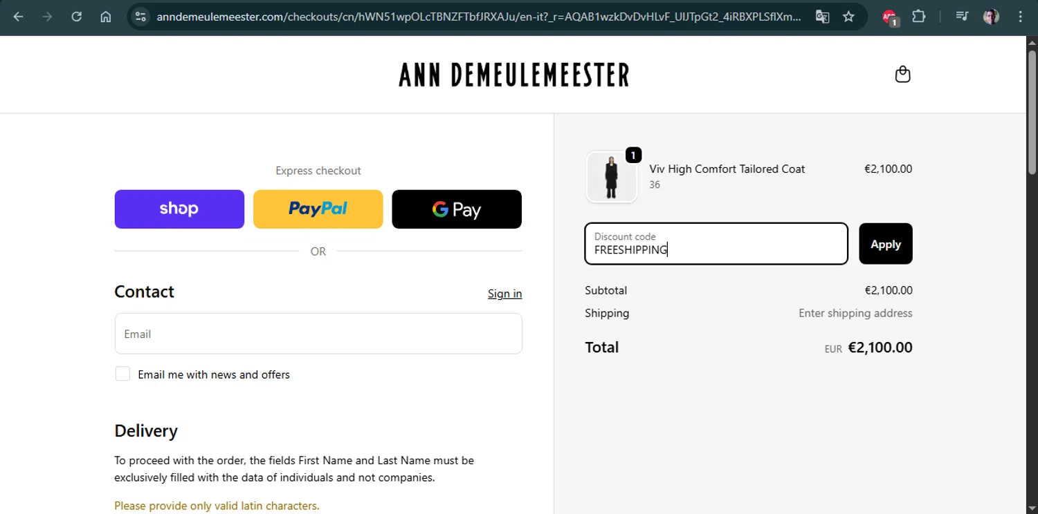 Ann Demeulemeester promo code screenshot showing code FREESHIPPING applied at Ann Demeulemeester checkout page. Uploaded by SimplyCodes community member Marboro on Nov 7, 2025