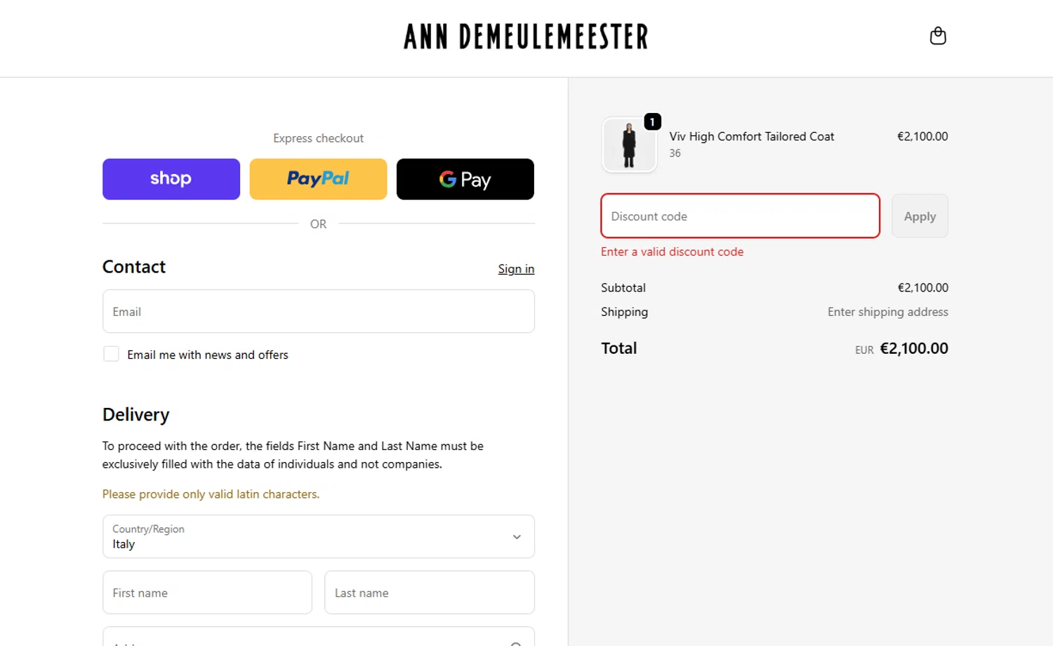 Ann Demeulemeester promo code screenshot showing code FREESHIPPING applied at Ann Demeulemeester checkout page. Uploaded by SimplyCodes community member Princesasofia on Nov 7, 2025