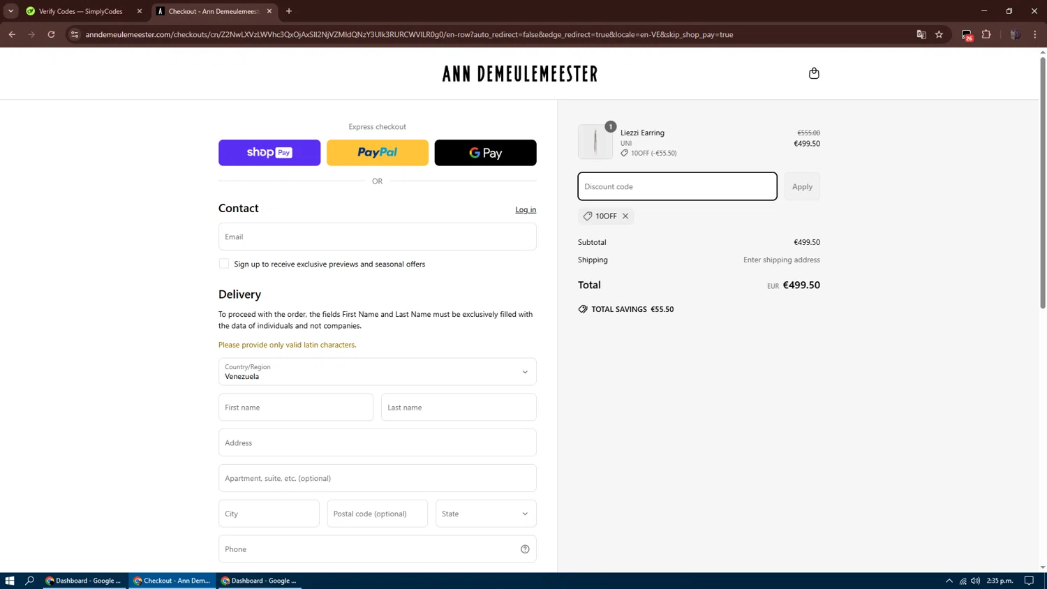 Ann Demeulemeester promo code screenshot showing code 10OFF applied at Ann Demeulemeester checkout page. Uploaded by SimplyCodes community member dennygomez on Apr 6, 2025
