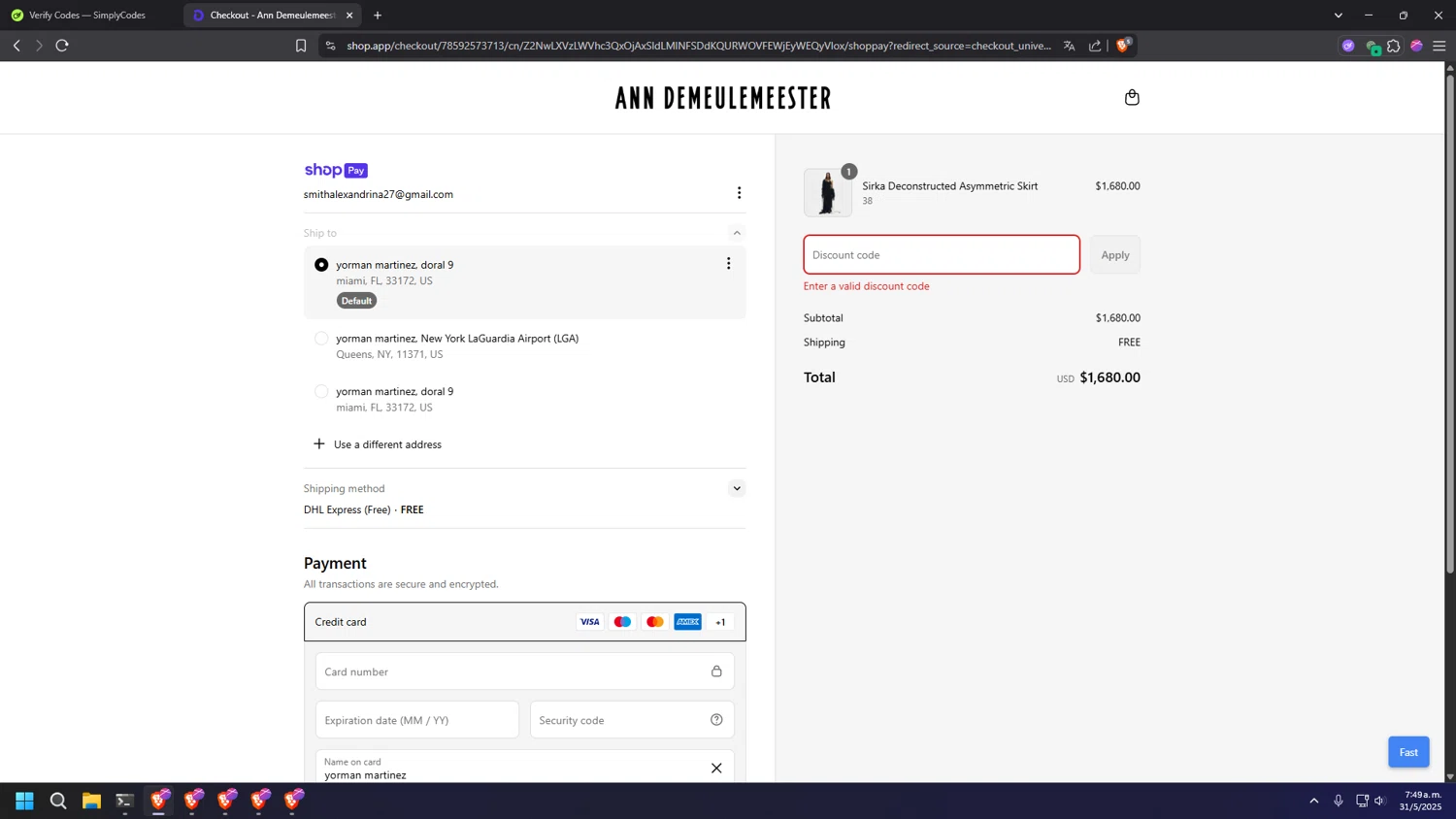 Ann Demeulemeester promo code screenshot showing code 10OFF applied at Ann Demeulemeester checkout page. Uploaded by SimplyCodes community member INSECTOS on May 31, 2025