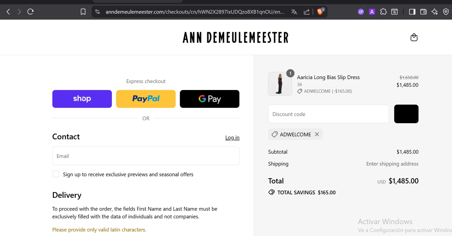 Ann Demeulemeester promo code screenshot showing code ADWELCOME applied at Ann Demeulemeester checkout page. Uploaded by SimplyCodes community member DiaCritics on Sep 3, 2025