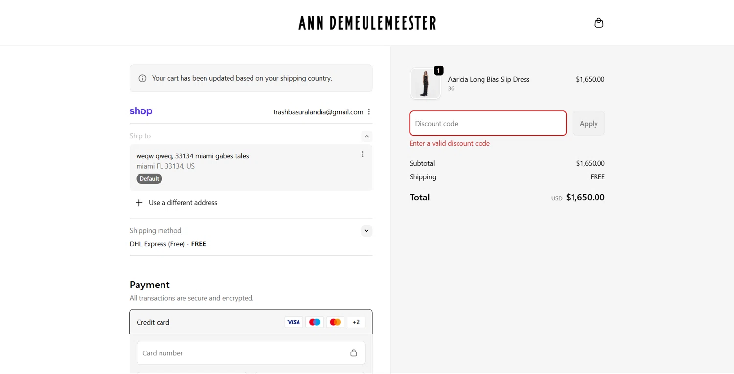 Ann Demeulemeester promo code screenshot showing code ADWELCOME applied at Ann Demeulemeester checkout page. Uploaded by SimplyCodes community member Lanzaa on Nov 7, 2025