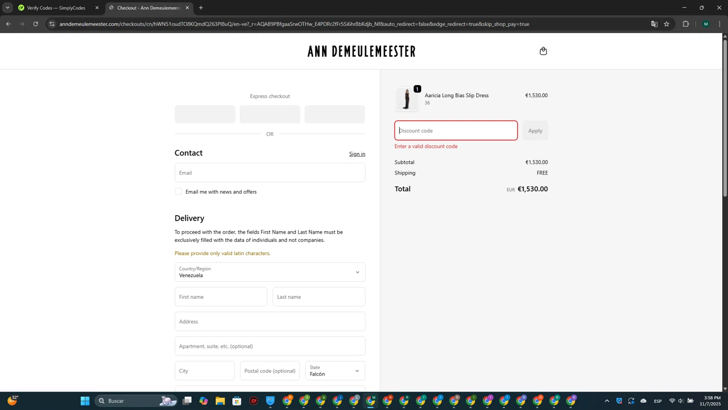 Ann Demeulemeester promo code screenshot showing code WELCOMEAD applied at Ann Demeulemeester checkout page. Uploaded by SimplyCodes community member MDLECHUZA on Nov 7, 2025