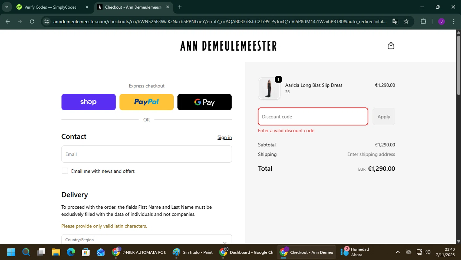 Ann Demeulemeester promo code screenshot showing code WELCOMEAD applied at Ann Demeulemeester checkout page. Uploaded by SimplyCodes community member YutakaH0shin0 on Nov 7, 2025