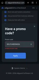 SELFCAREDNS26 coupon verification screenshot