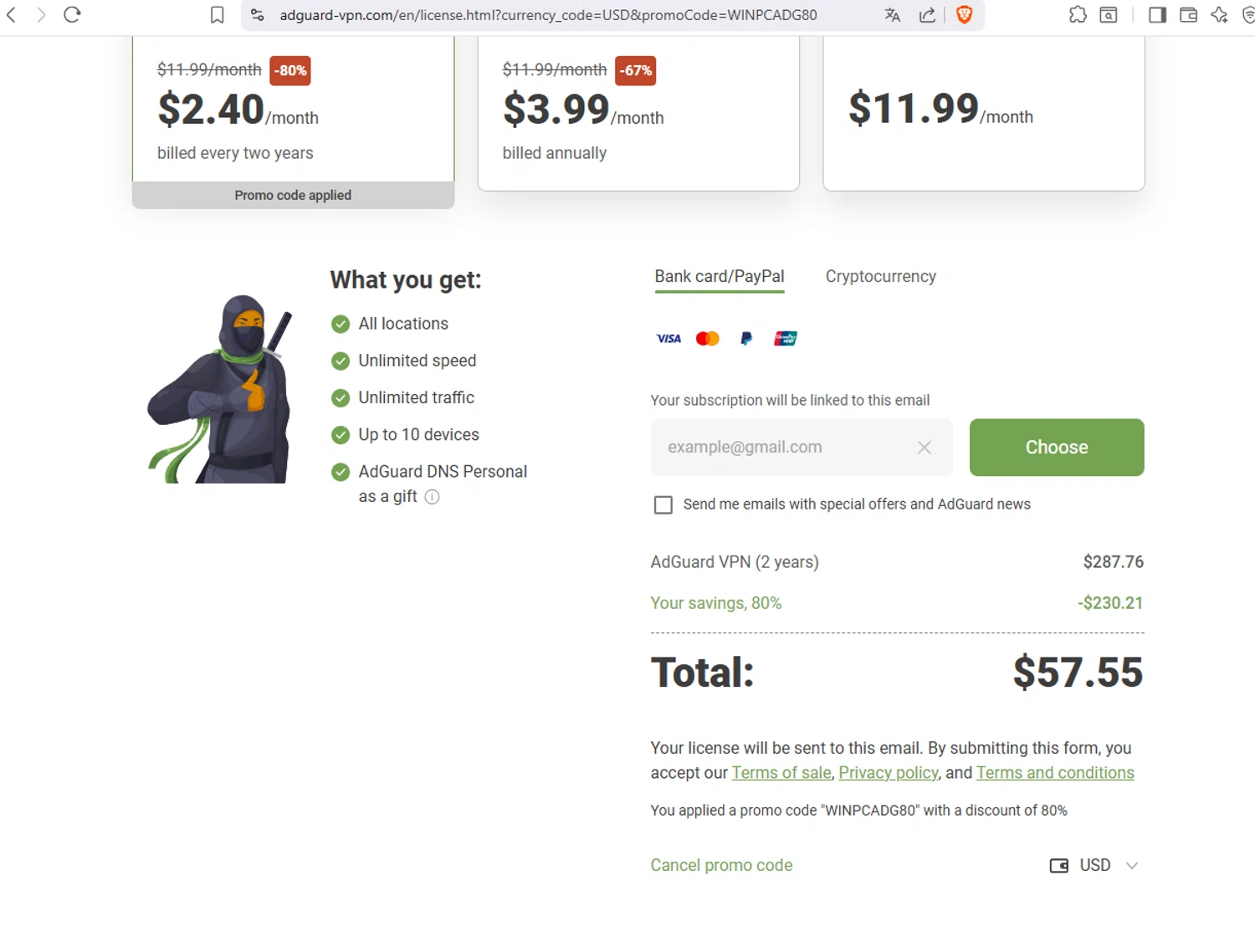 AdGuard VPN promo code screenshot showing code WINPCADG80 applied at AdGuard VPN checkout page. Uploaded by SimplyCodes community member 1763PrettyViewLane on Oct 27, 2025