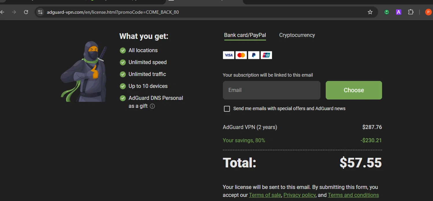 AdGuard VPN promo code screenshot showing code COME_BACK_80 applied at AdGuard VPN checkout page. Uploaded by SimplyCodes community member Eminem on Feb 11, 2026