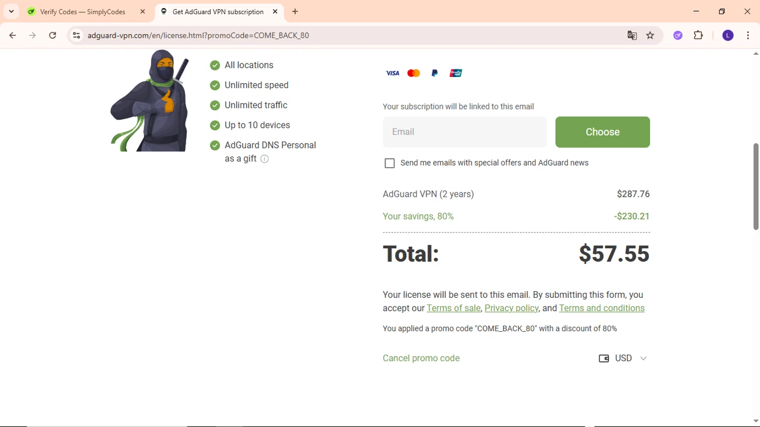 AdGuard VPN promo code screenshot showing code COME_BACK_80 applied at AdGuard VPN checkout page. Uploaded by SimplyCodes community member EpicWarden3081 on Jan 10, 2026