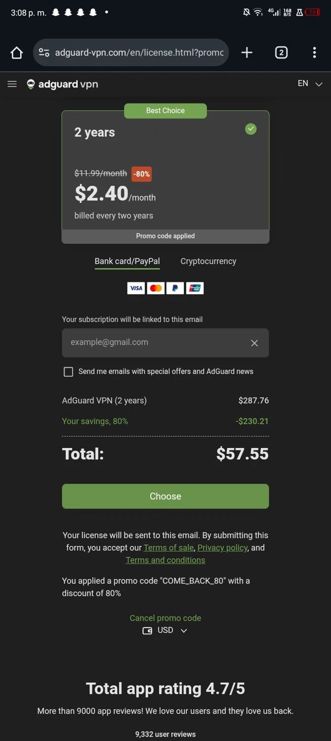 AdGuard VPN promo code screenshot showing code COME_BACK_80 applied at AdGuard VPN checkout page. Uploaded by SimplyCodes community member Nickurtdale on Nov 1, 2025