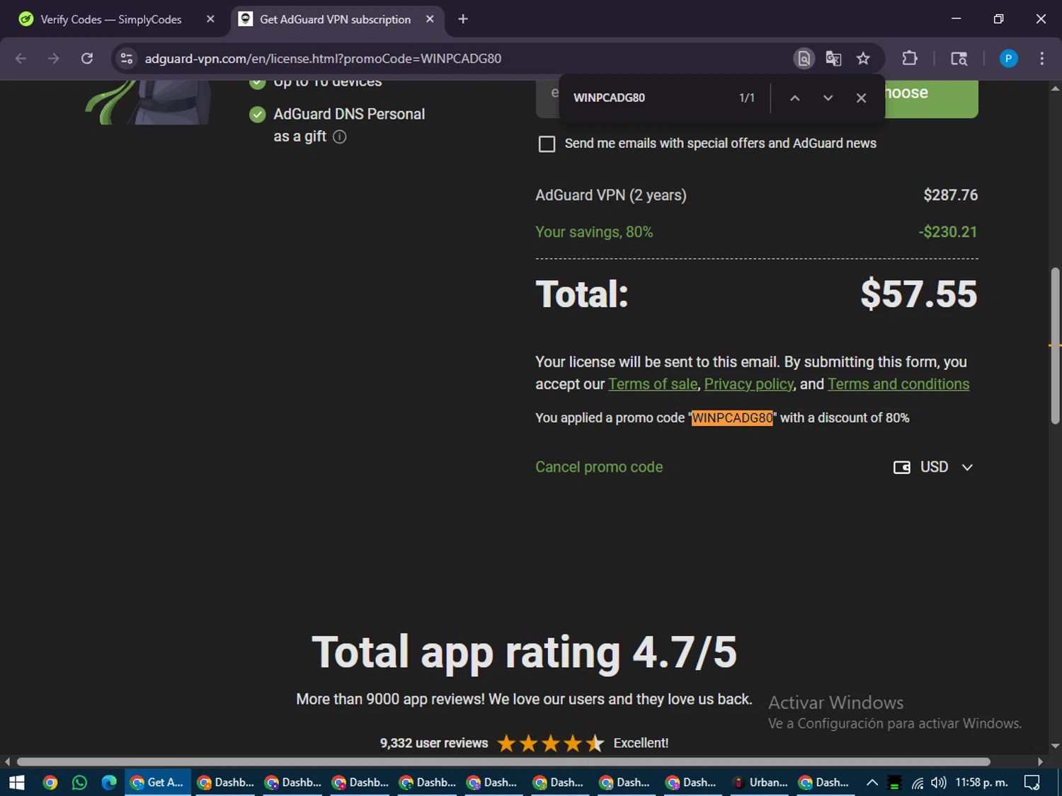AdGuard VPN promo code screenshot showing code WINPCADG80 applied at AdGuard VPN checkout page. Uploaded by SimplyCodes community member juiceWRLD on Jul 23, 2025