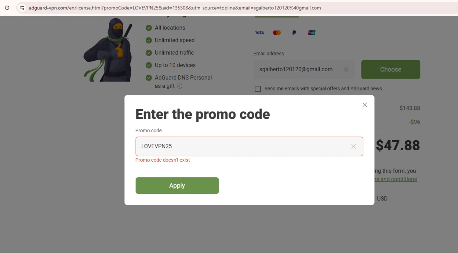 AdGuard VPN promo code screenshot showing code LOVEVPN25 applied at AdGuard VPN checkout page. Uploaded by SimplyCodes community member Samugl21 on Mar 11, 2025