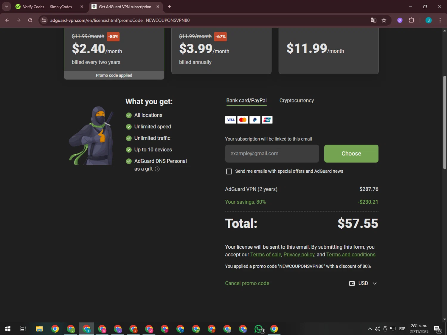 AdGuard VPN promo code screenshot showing code NEWCOUPONSVPN80 applied at AdGuard VPN checkout page. Uploaded by SimplyCodes community member GloriousTiger3507 on Nov 22, 2025