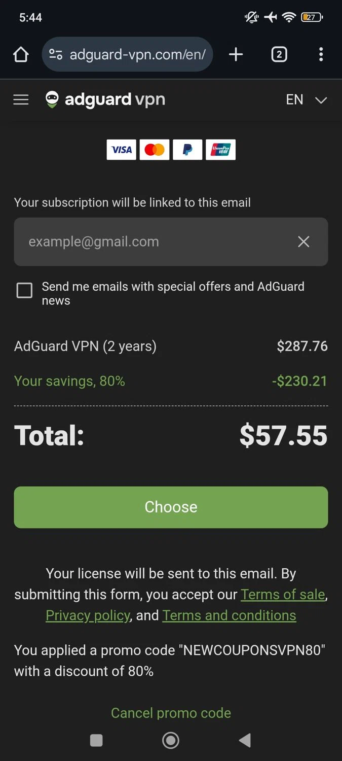 AdGuard VPN promo code screenshot showing code NEWCOUPONSVPN80 applied at AdGuard VPN checkout page. Uploaded by SimplyCodes community member RoyalSpotter5217 on Oct 4, 2025