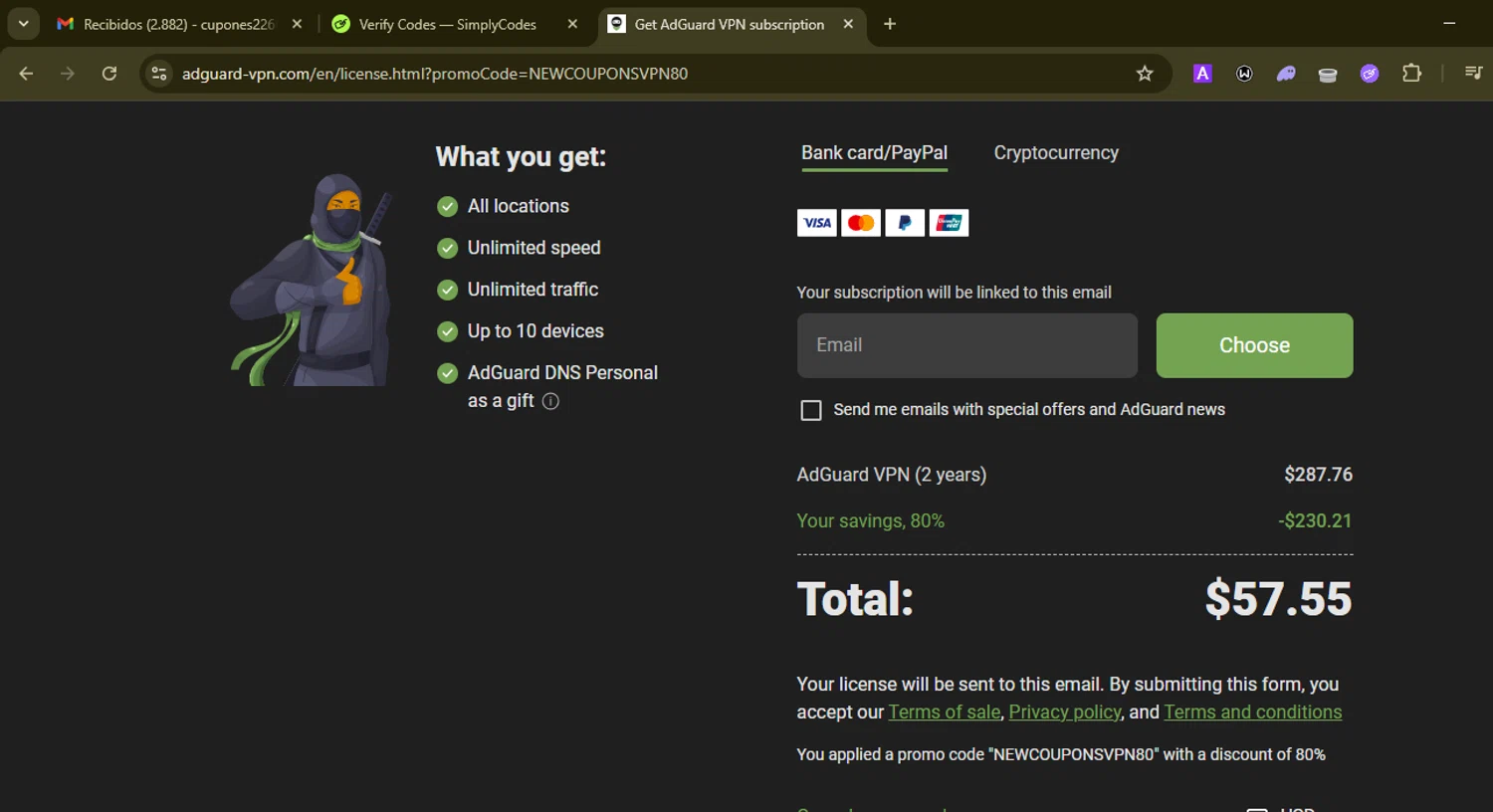 AdGuard VPN checkout page showing AdGuard VPN promo code box | Screenshot taken by SimplyCodes community member on Jan 12, 2026