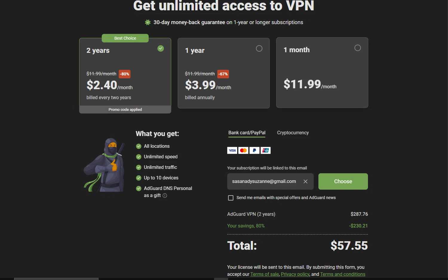 AdGuard VPN promo code screenshot showing code NEWCOUPONSVPN80 applied at AdGuard VPN checkout page. Uploaded by SimplyCodes community member tinkle_tinkle on Oct 21, 2025