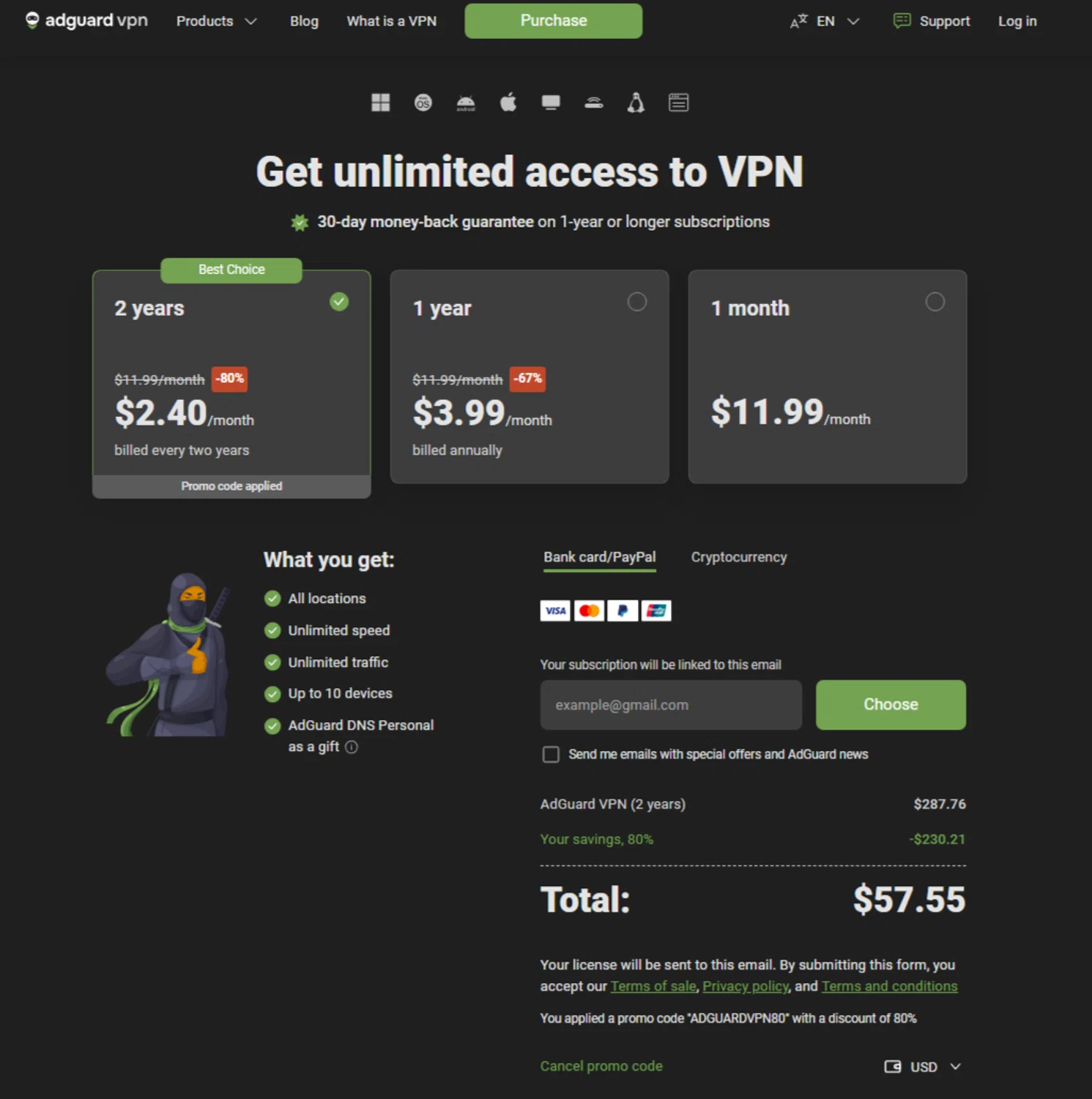 AdGuard VPN promo code screenshot showing code ADGUARDVPN80 applied at AdGuard VPN checkout page. Uploaded by SimplyCodes community member ESTHER3121 on Nov 10, 2025