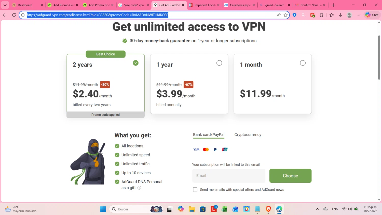 AdGuard VPN promo code screenshot showing code RAMADANWITHKIKO80 applied at AdGuard VPN checkout page. Uploaded by SimplyCodes community member cosita on Feb 19, 2026