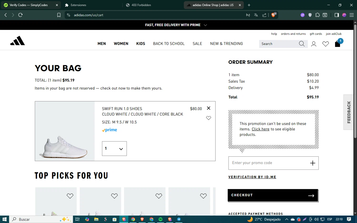 Adidas promo code screenshot showing code OFF15 applied at Adidas checkout page. Uploaded by SimplyCodes community member SmartSaver5448 on Aug 26, 2025