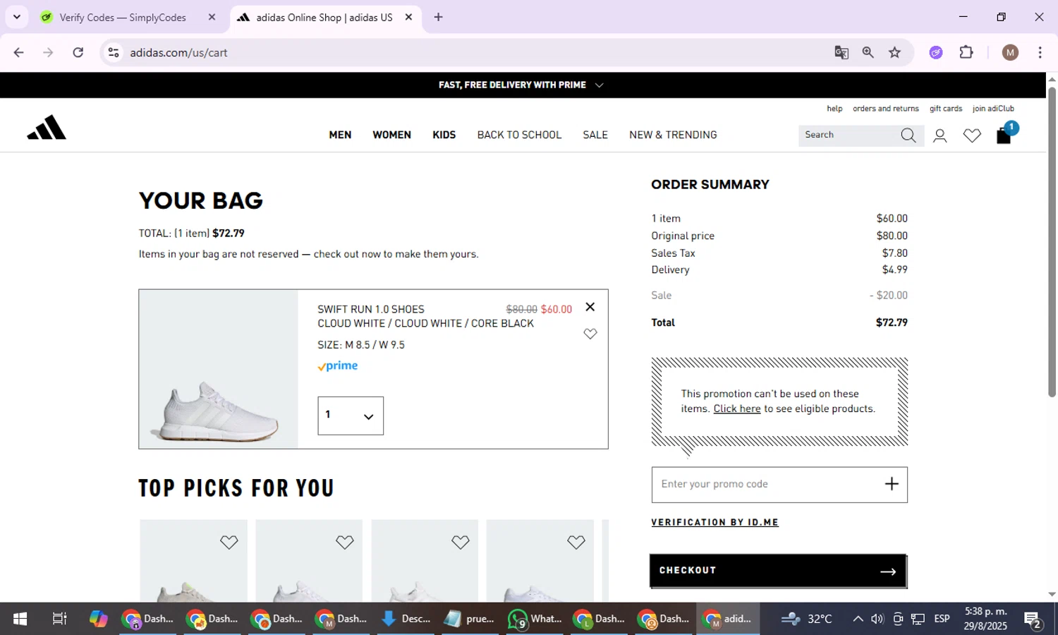 Adidas promo code screenshot showing code OFF15 applied at Adidas checkout page. Uploaded by SimplyCodes community member VoucherExpert8533 on Aug 29, 2025