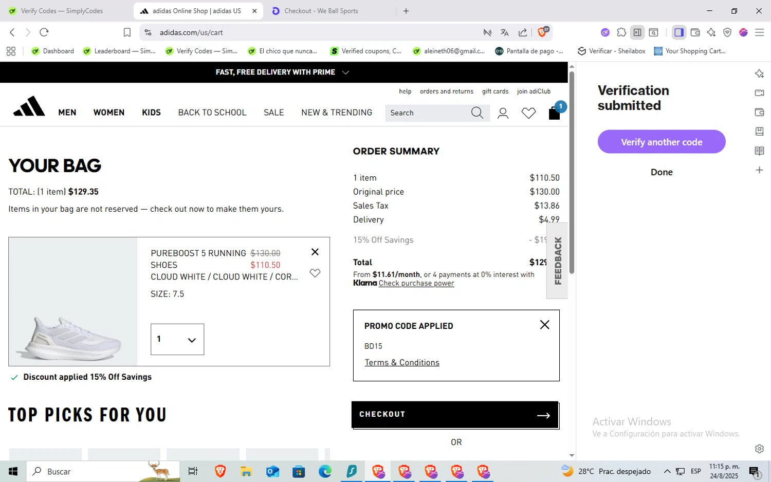 Adidas promo code screenshot showing code BD15 applied at Adidas checkout page. Uploaded by SimplyCodes community member holaquetal on Aug 25, 2025