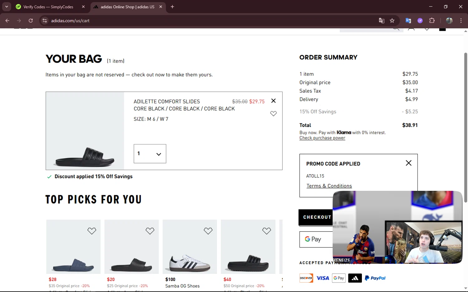 Adidas promo code screenshot showing code ATOLL15 applied at Adidas checkout page. Uploaded by SimplyCodes community member XXXTENTANCION on Aug 21, 2025